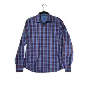 Bugatchi Classic Fit Men's Long Sleeve Button Up Shirt Blue Pink Plaid Size M